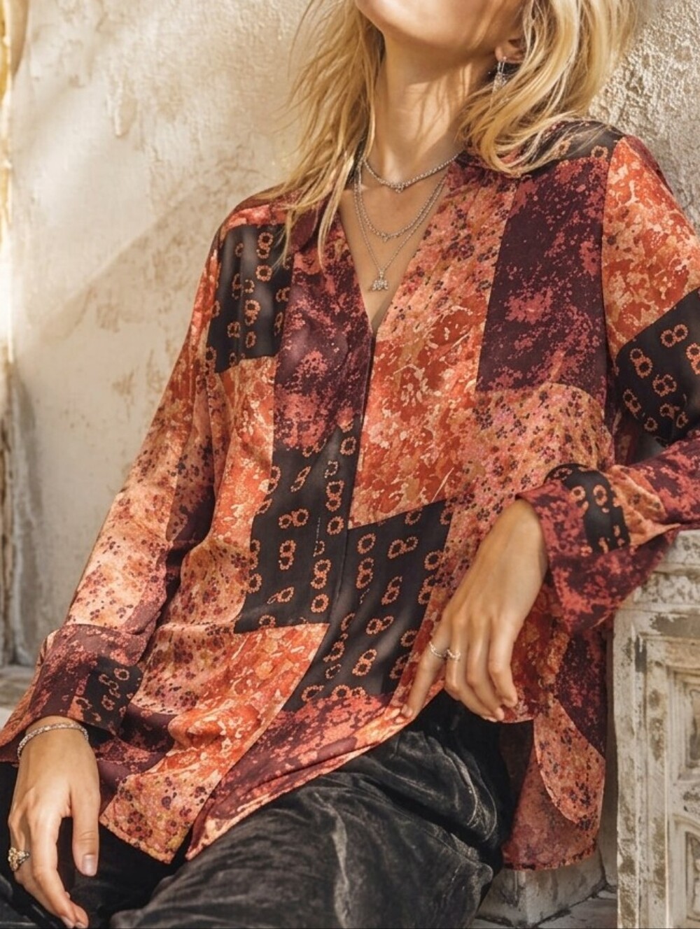 Boho Anthro Porridge Patchwork  Paisley Button Down Blouse  Earthy Terra Size M
